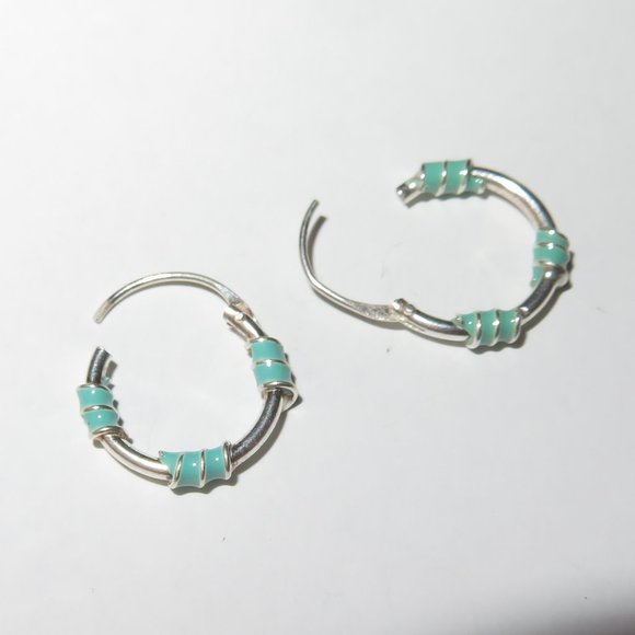 Sterling Silver Green Enamel Accents Hoops Huggies Earrings - Picture 8 of 12